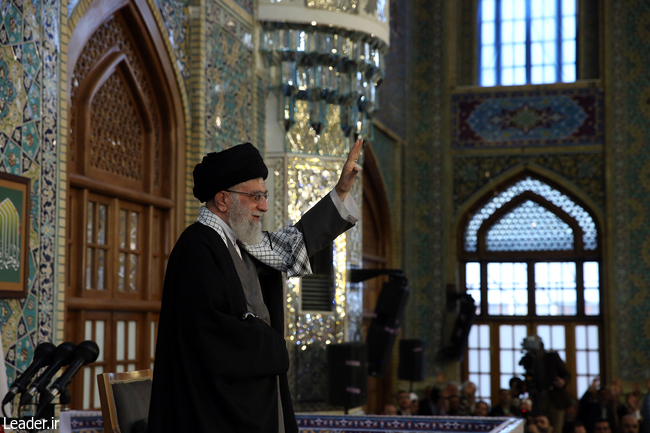 Ayatollah Khamenei addressing a huge crowd of pilgrims in the city of Mashhad.
