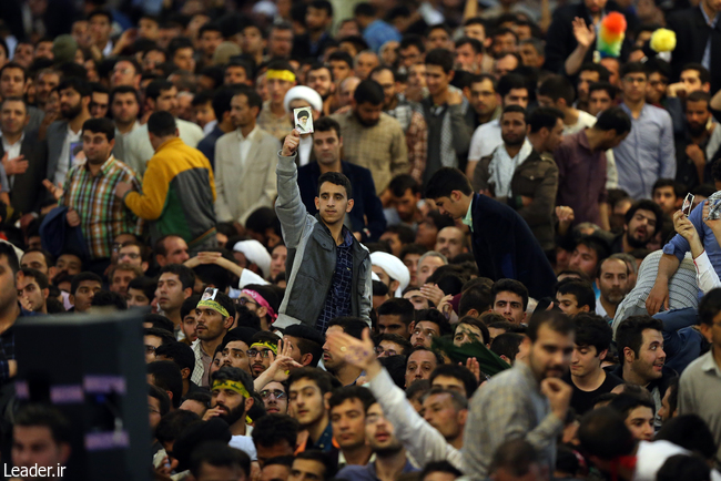 Ayatollah Khamenei addressing a huge crowd of pilgrims in the city of Mashhad.