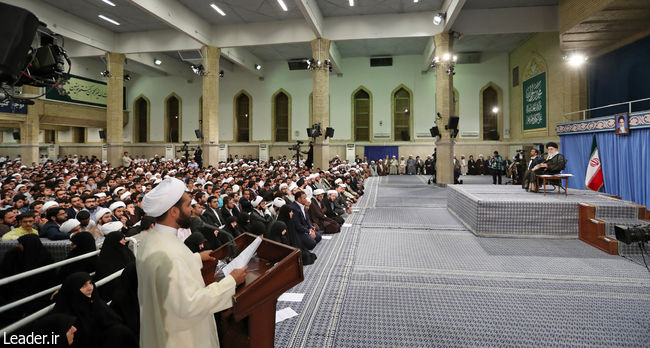 Ayatollah Khamenei receives a group of students of the Tehran Province seminary.