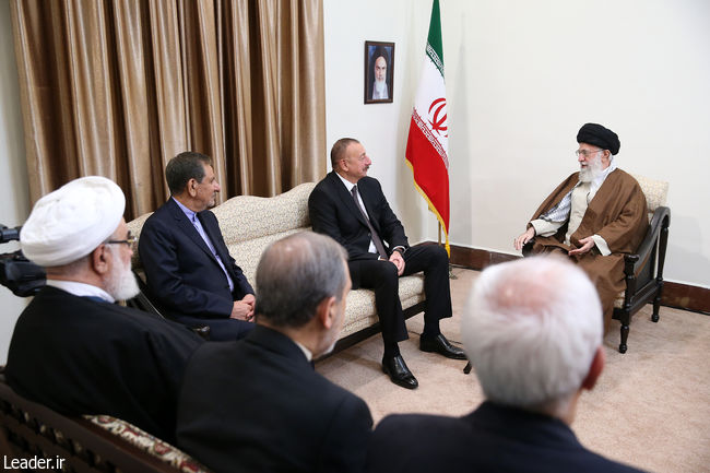 Ayatollah Khamenei receives Azeri President Ilham Aliyev and his entourage.