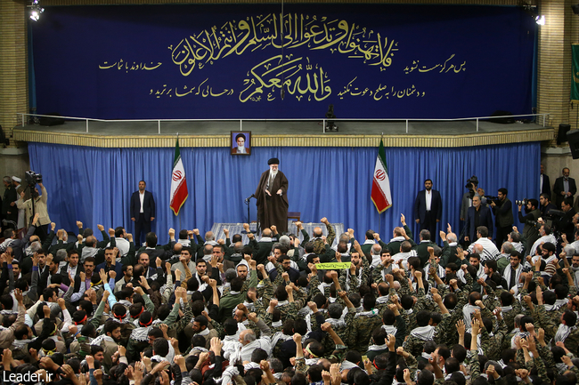 Ayatollah Khamenei delivering a speech among Basij forces.